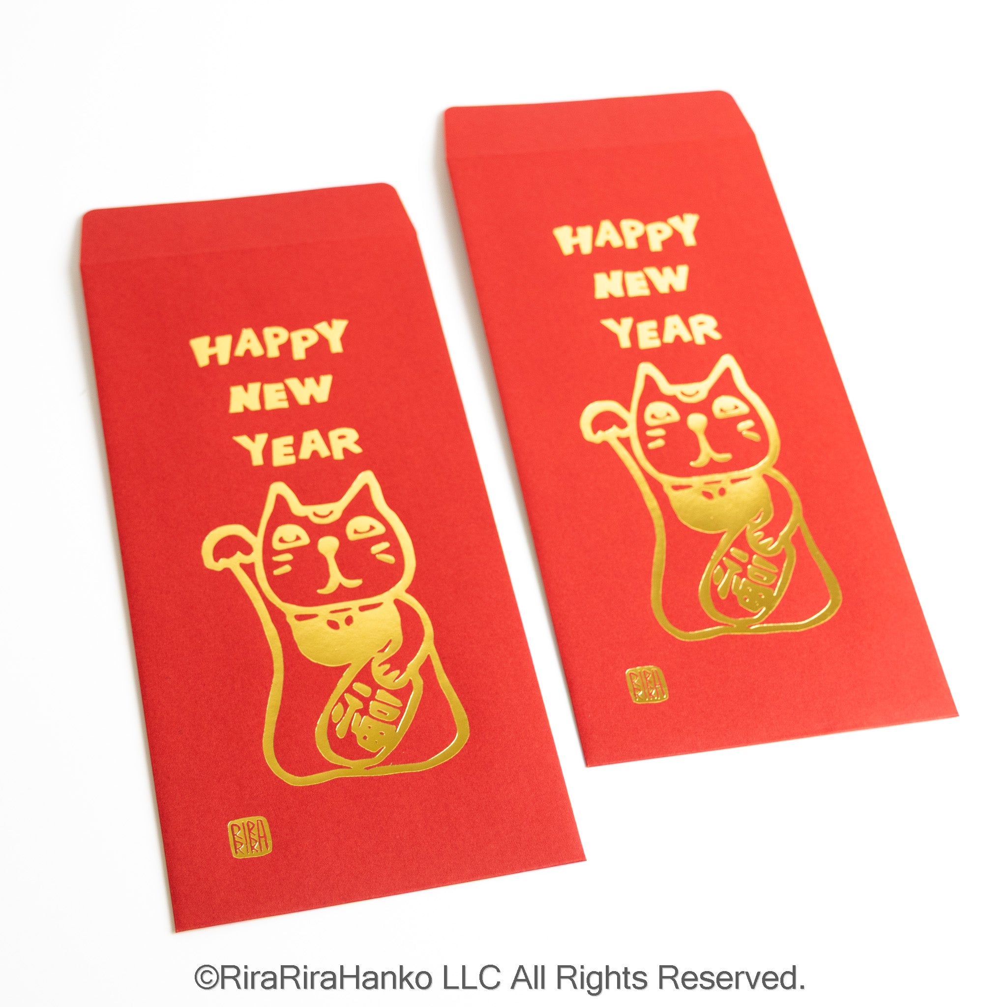 Maneki Neko Gold-Foil Red Gift Envelopes (Set of 2) | Lucky Cat Otoshidama Pouches
